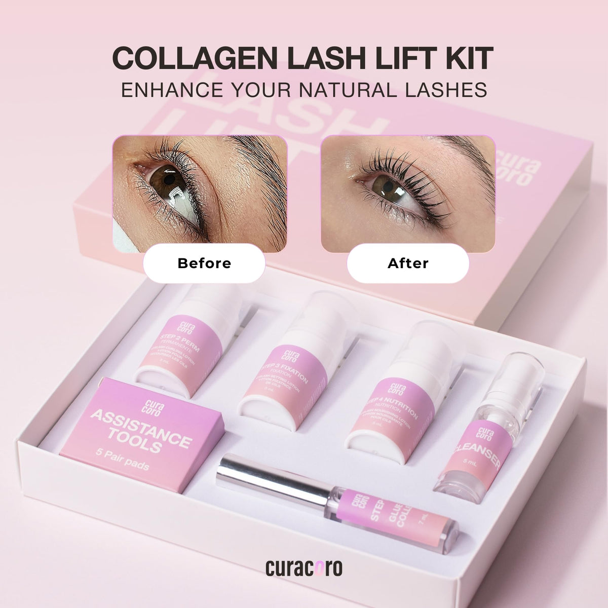 curacoro on model with lifted lashes showing natural-looking curl benefit