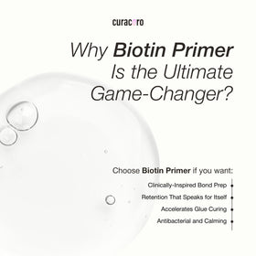 Curacoro clear primer drop demonstrating biotin-infused conditioning benefit