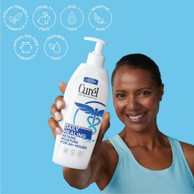Curel 13 oz bottle next to common items for size reference benefit