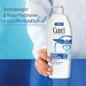 Curel 1 oz bottle in hand showing portable hydration benefit