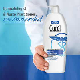 Curel applying lotion to hand to relieve dry skin and improve comfort