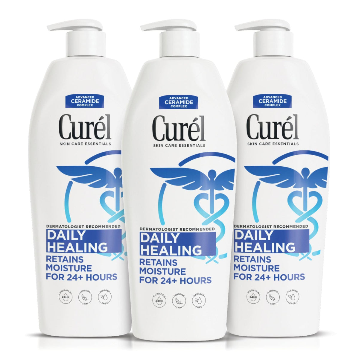 Curel front view of three-bottle pack showing product and convenience