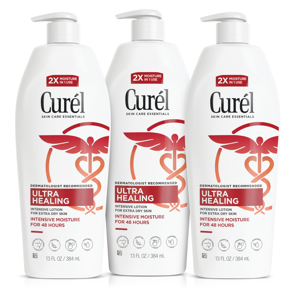 Curel front packaging showing three 13 oz bottles and long-lasting hydration
