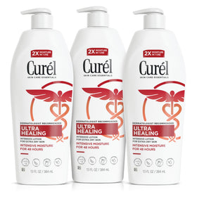 Curel front packaging showing three 13 oz bottles and long-lasting hydration