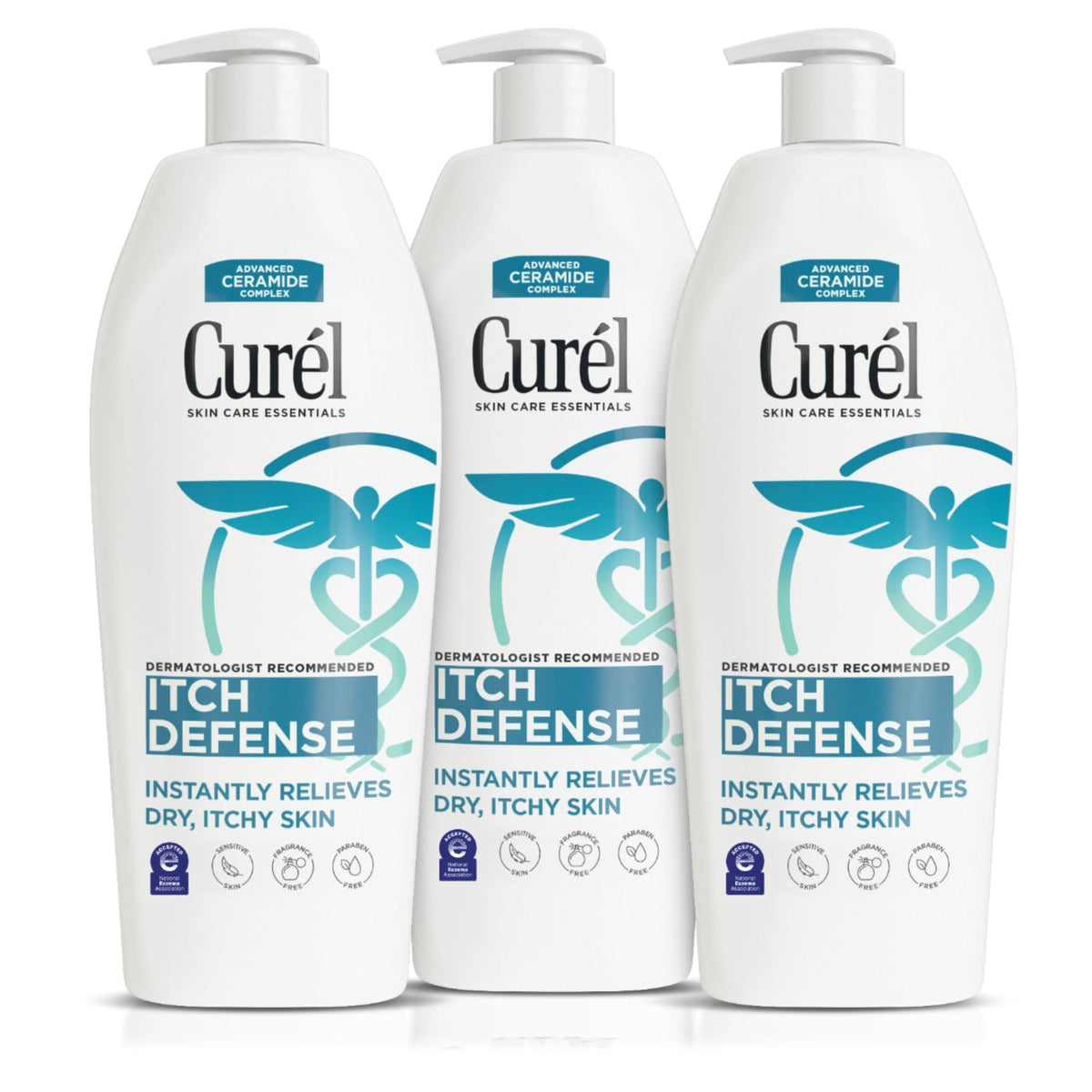 Curel front packaging showing 13 oz bottle and clear benefits