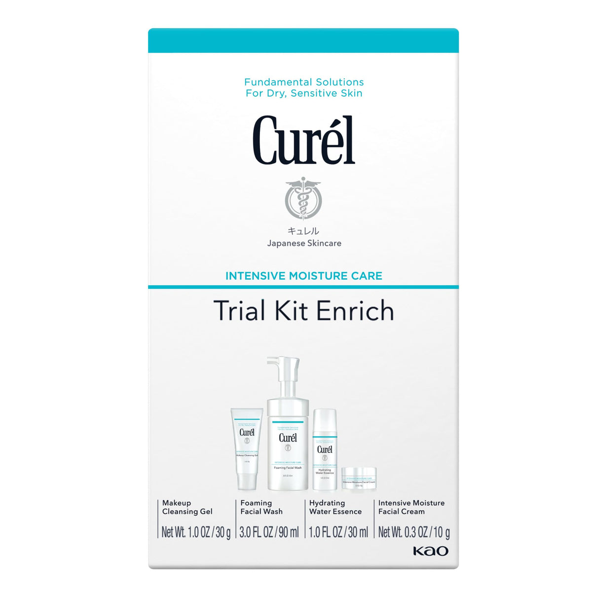 Curel front packaging travel kit showing compact routine benefits