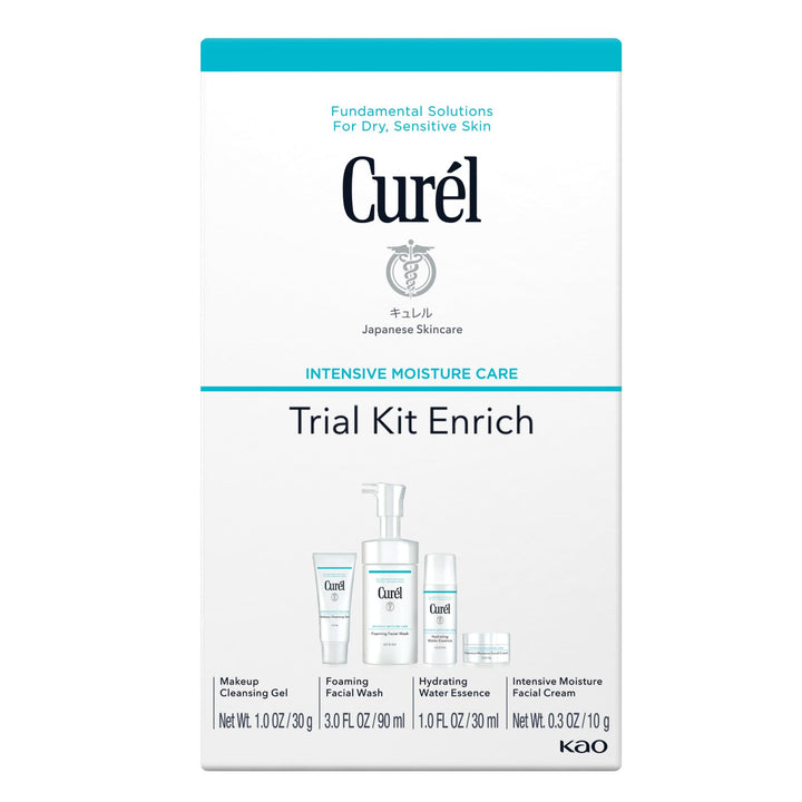 Curel front packaging travel kit showing compact routine benefits