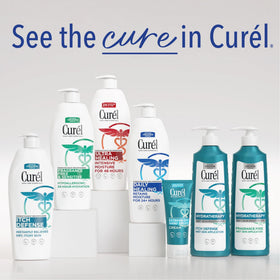 Curel bottle in hand to show 13 oz size and travel convenience
