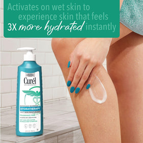 Curel pump dispenser closeup highlighting convenient, mess-free application for faster use