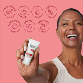 Curel pump dispenser in hand showing easy application and quick absorption benefit