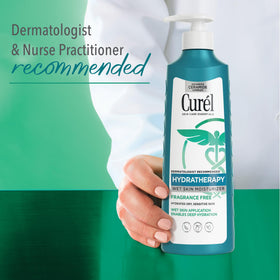 Curel size comparison in hand illustrating 12 fl oz bottle capacity for travel and storage