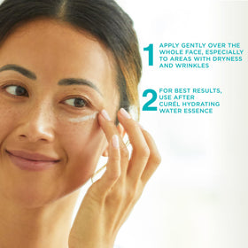 Curel applying serum to cheek highlighting targeted moisture and smoothing