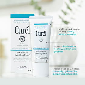 Curel serum poured on hand to show lightweight, non-greasy feel