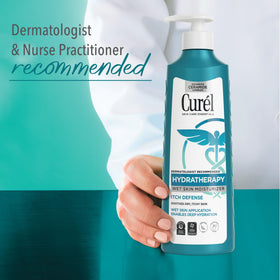 Curel bottle in hand for size comparison showing travel-friendly 12 oz