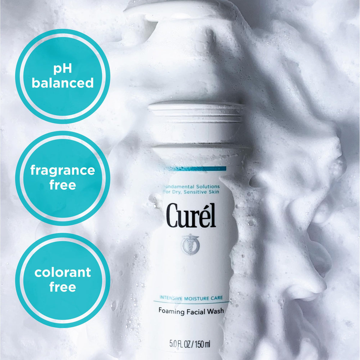 Curel 5 oz bottle next to hand showing size for travel and convenience