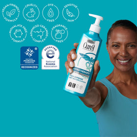 Curel lotion texture closeup showing fast-absorbing, non-greasy finish