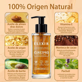 Curezpro Elixir bottle detail label, shows ingredient focus and clean formula benefit