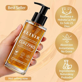 Curezpro Elixir pouring texture closeup, highlights fast-absorbing smoothness