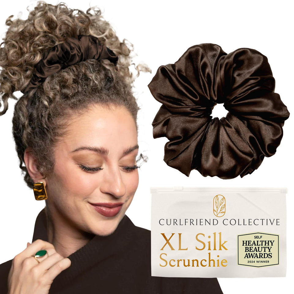 Curlfriend Collective front view of espresso silk scrunchie showing smooth finish and elegant look