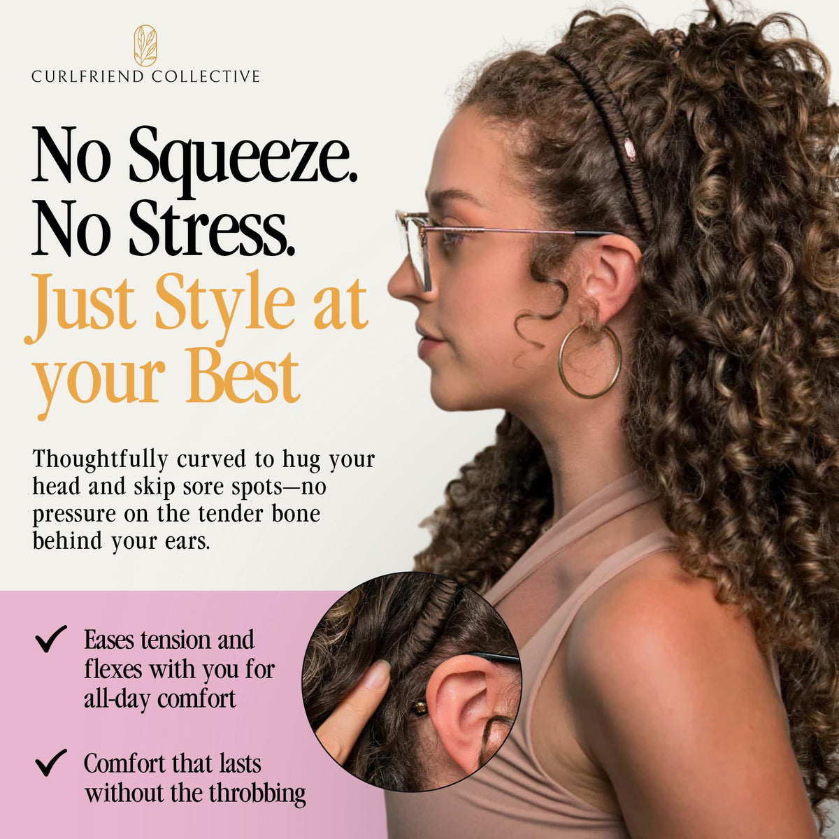 Curlfriend Collective styled in an updo demonstrates hair-friendly grip and polished look
