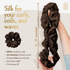 Curlfriend Collective espresso scrunchie worn on curly hair protecting curls from frizz