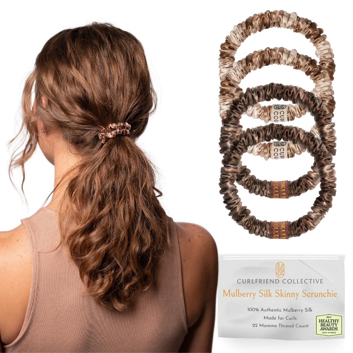 Curlfriend Collective front packaging showing honey deep bronde scrunchies and benefits