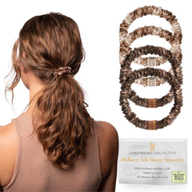 Curlfriend Collective front packaging showing honey deep bronde scrunchies and benefits