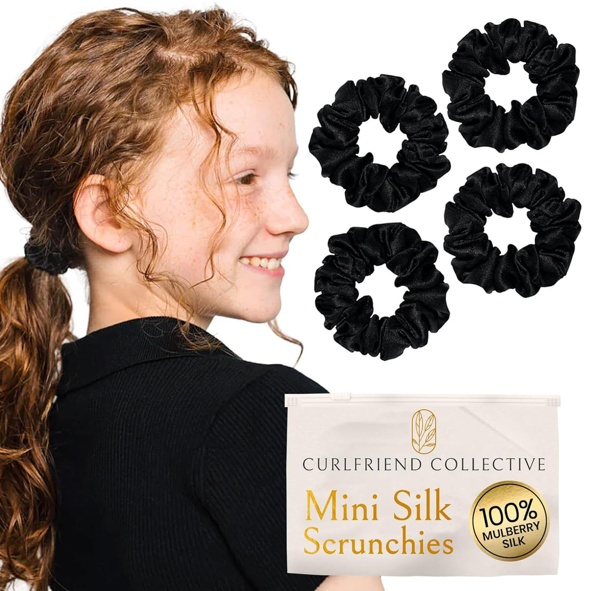 Curlfriend Collective front packaging showing onyx black silk scrunchies and neat presentation benefit: stylish storage