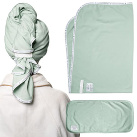 Curlfriend Collective front view of sage towel wrap showing neat shape and secure fit