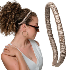 Curlfriend Collective front view showing gray silk headband and elegant finish benefit reduces frizz