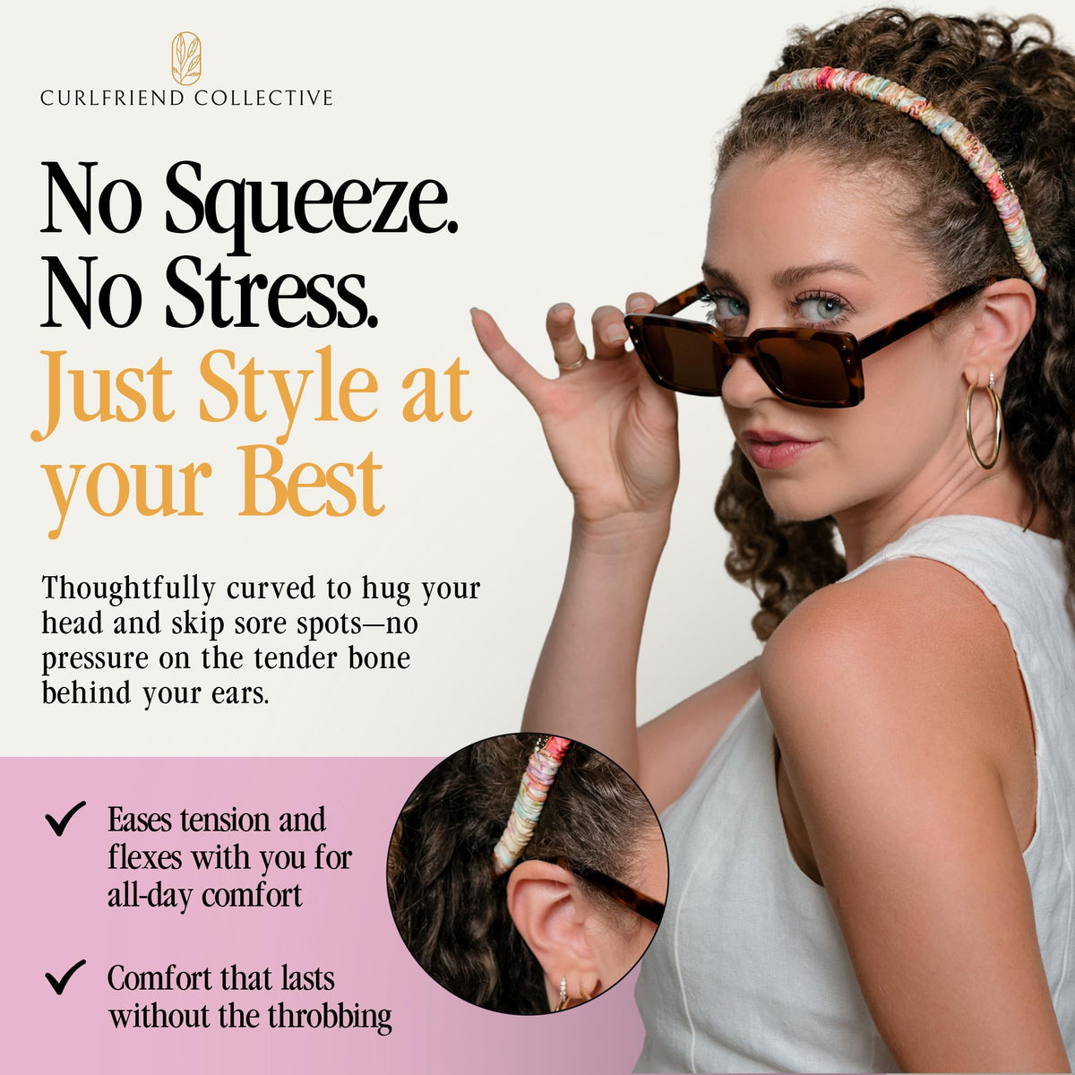 Curlfriend Collective headband worn with glasses showing secure, non-slip fit