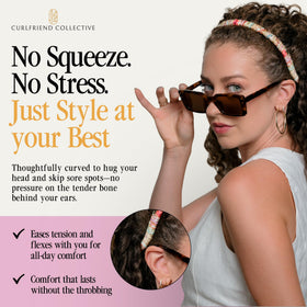Curlfriend Collective headband worn with glasses showing secure, non-slip fit