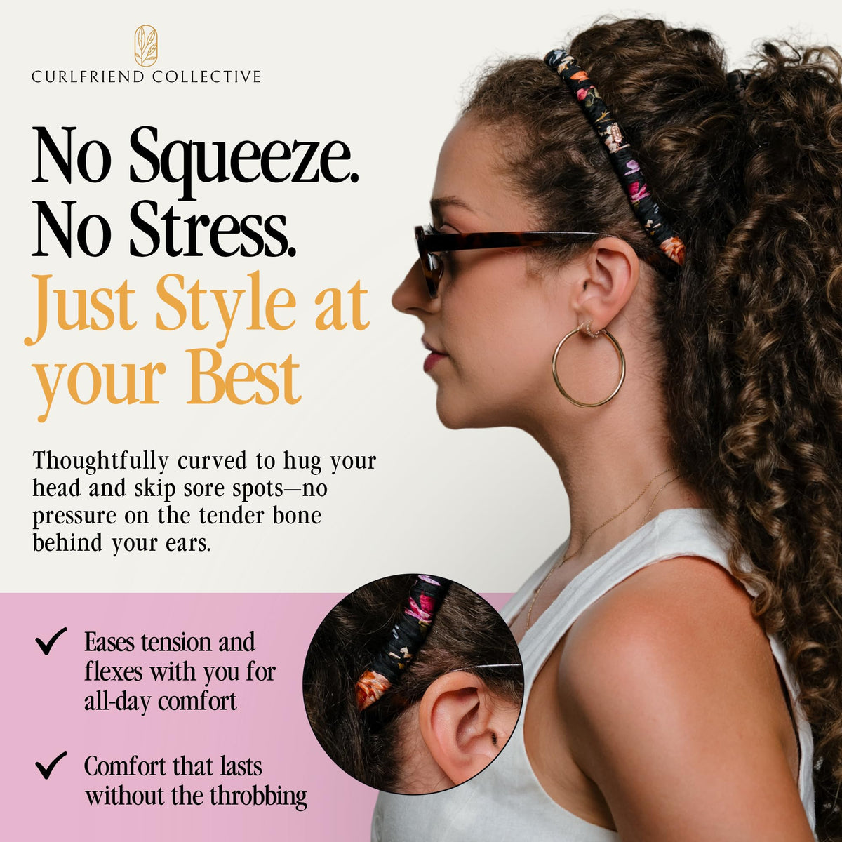 Curlfriend Collective model with curly hair wearing headband, stays secure without slip