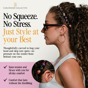 Curlfriend Collective model with curly hair wearing headband, stays secure without slip