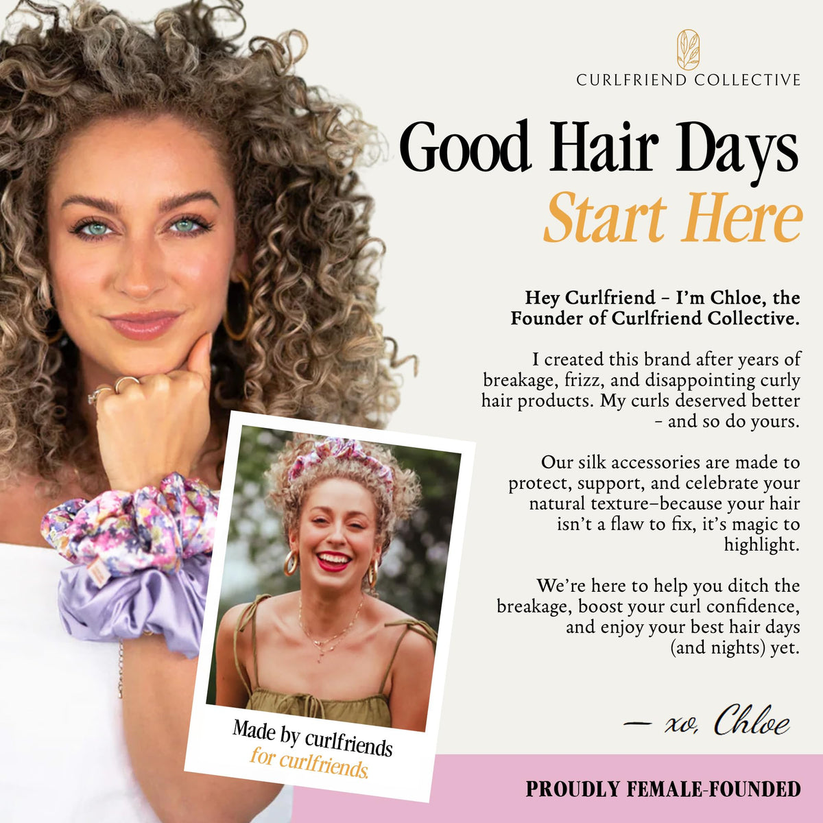 Curlfriend Collective styled in bathroom setting showing easy daily routine and comfort benefit