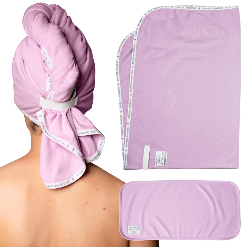 Curlfriend Collective lilac locks front view showing soft cotton and neat packaging benefits