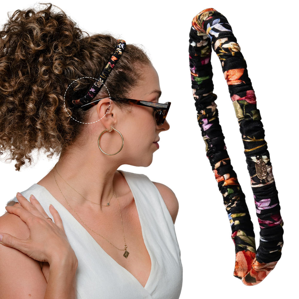 Curlfriend Collective front view showing midnight blooms silk headband, elegant and protective