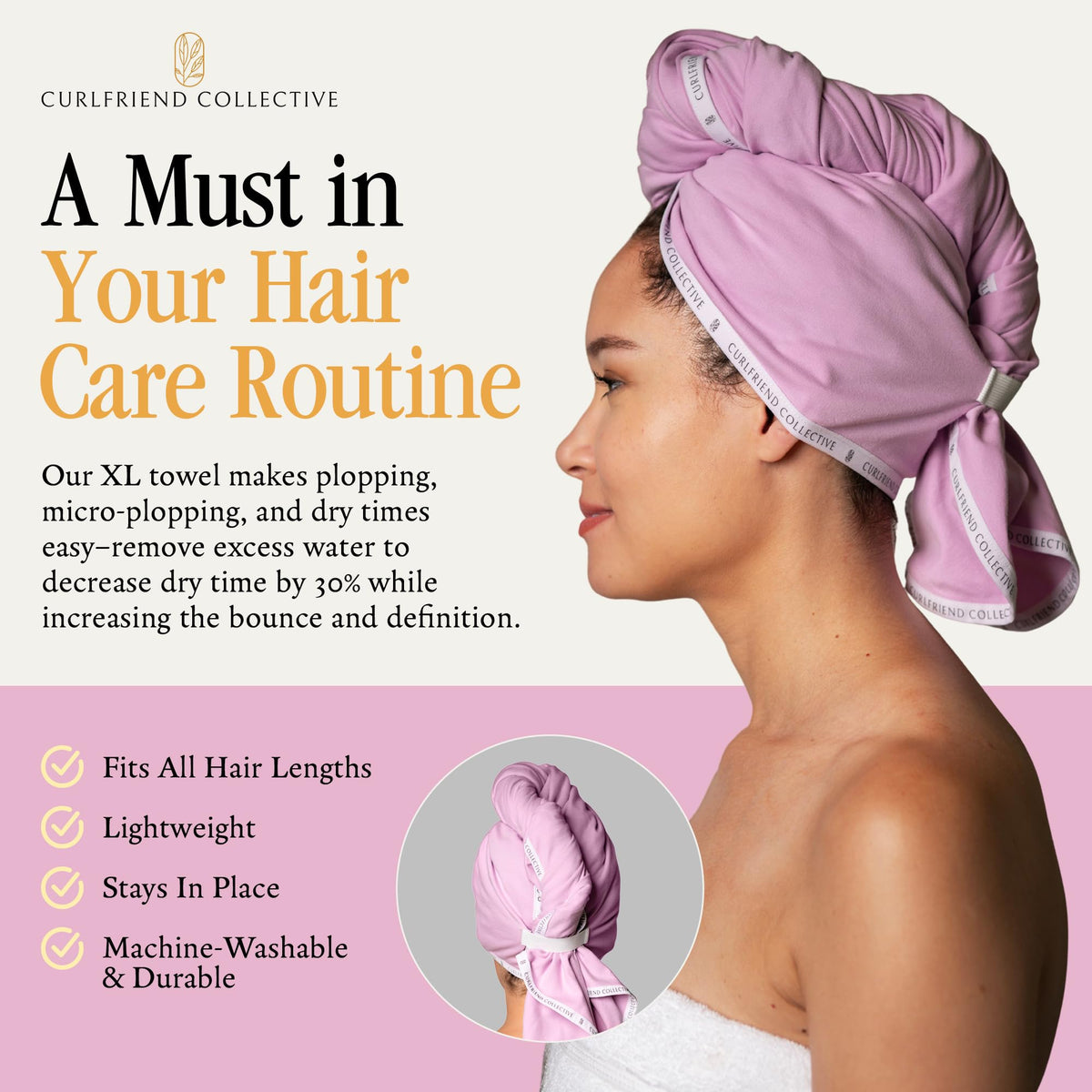 Curlfriend Collective Mini towel tucked in gym bag for fast drying on the go benefit