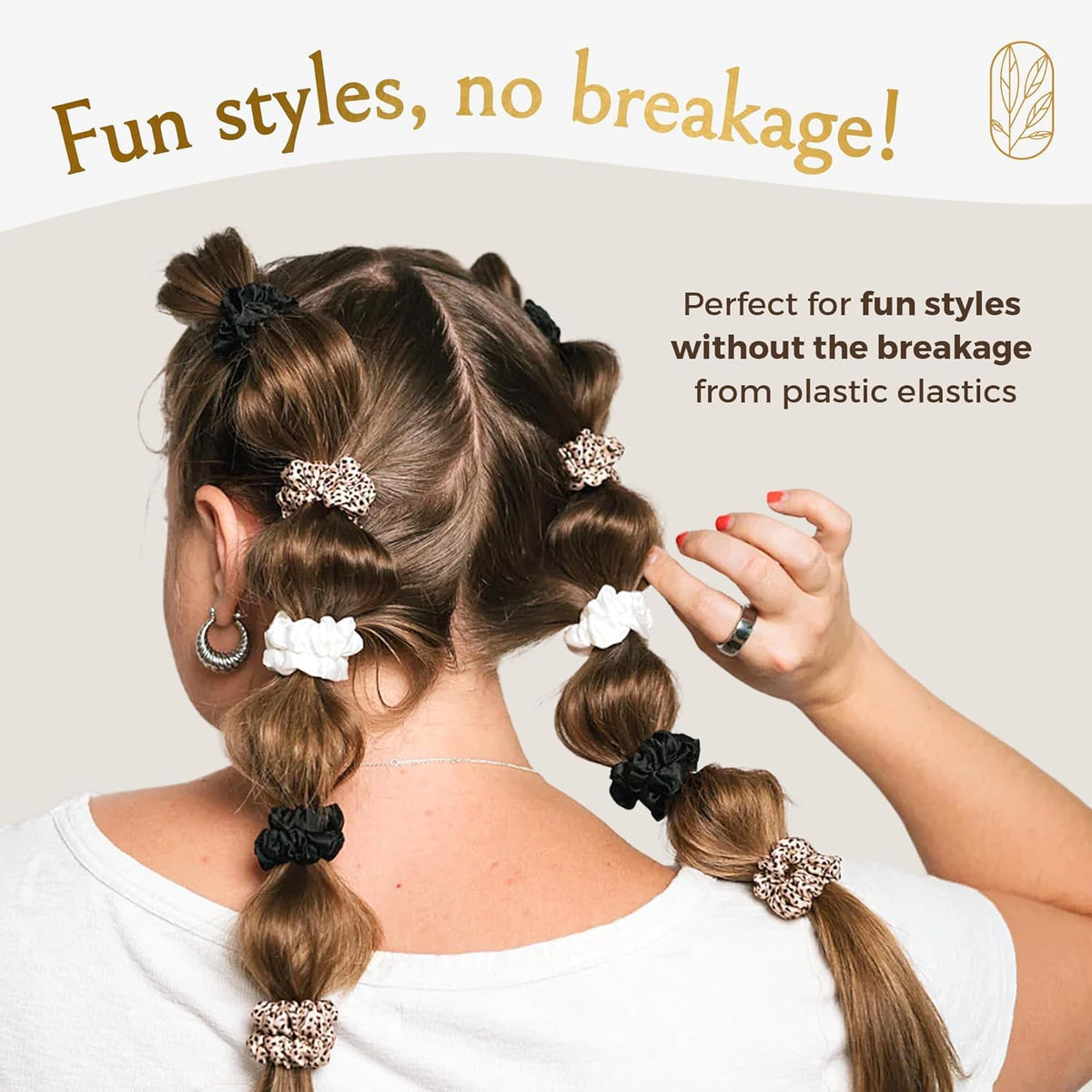Curlfriend Collective scrunchies on a nightstand beside pillow showing sleep-friendly low friction benefit