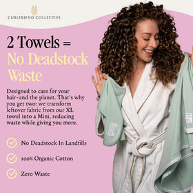 Curlfriend Collective model wearing wrap in bathroom for comfortable hands-free routine