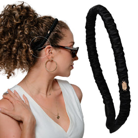 Curlfriend Collective front view showing onyx silk headband elegance and protective benefit