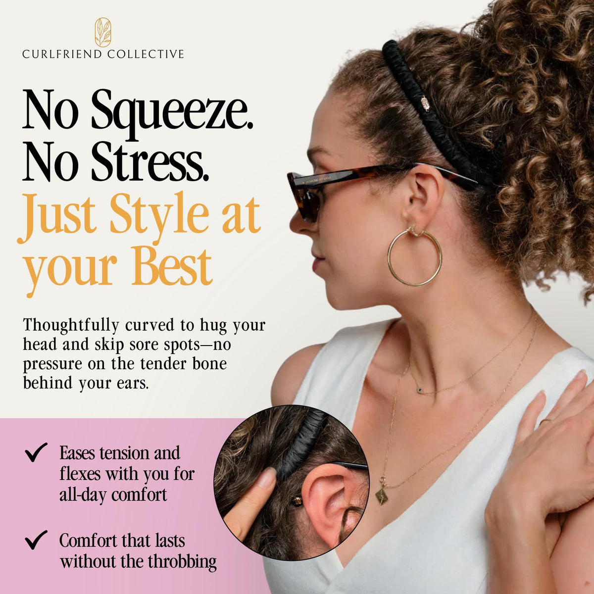 Curlfriend Collective headband in curly hair demonstrating gentle hold and sleek hairline