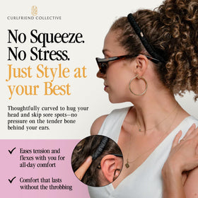 Curlfriend Collective headband in curly hair demonstrating gentle hold and sleek hairline