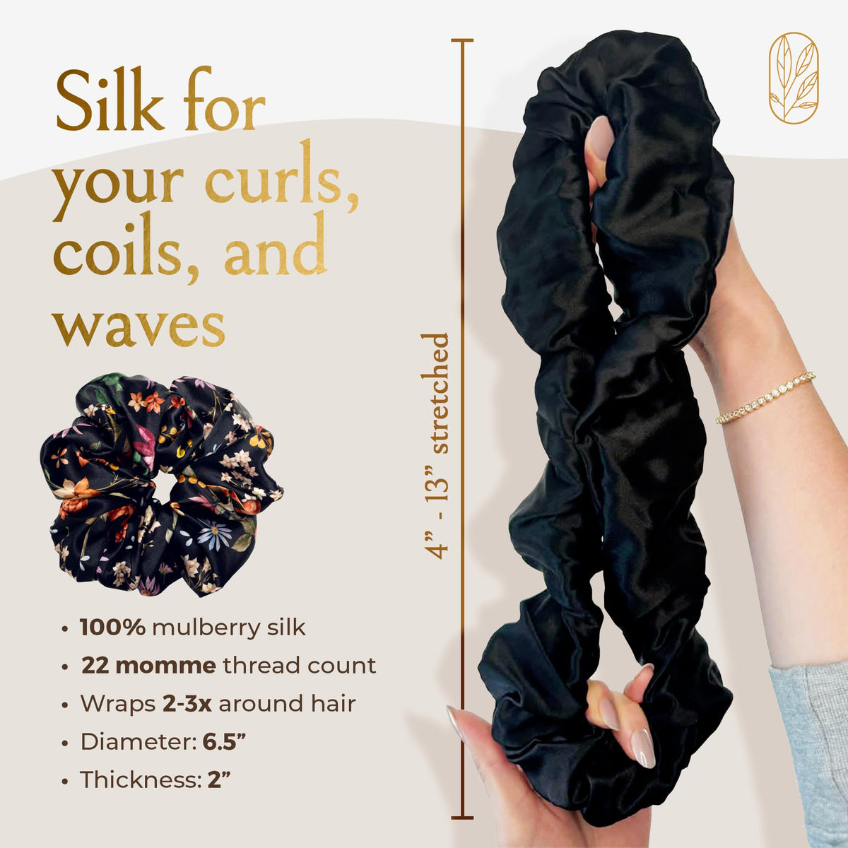 Curlfriend Collective scrunchie worn on curly hair showing secure gentle hold