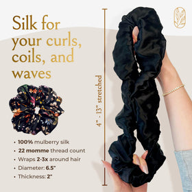 Curlfriend Collective scrunchie worn on curly hair showing secure gentle hold