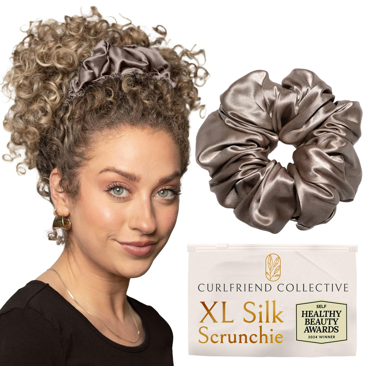 Curlfriend Collective front view of XL London Fog scrunchie showing elegant neutral shade and neat finish