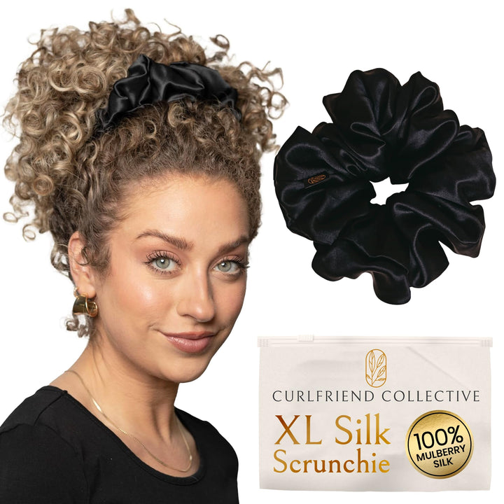 Curlfriend Collective black scrunchie front view, elegant protective hold