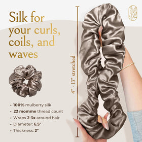 Curlfriend Collective scrunchie styled in a soft nighttime bun protecting curls while sleeping