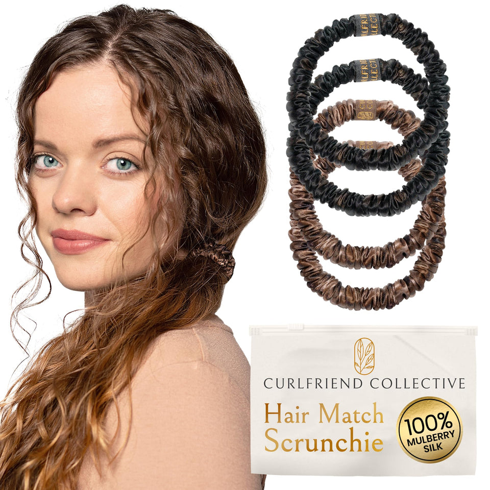 Curlfriend Collective front packaging showing four silk scrunchies and elegant design benefit