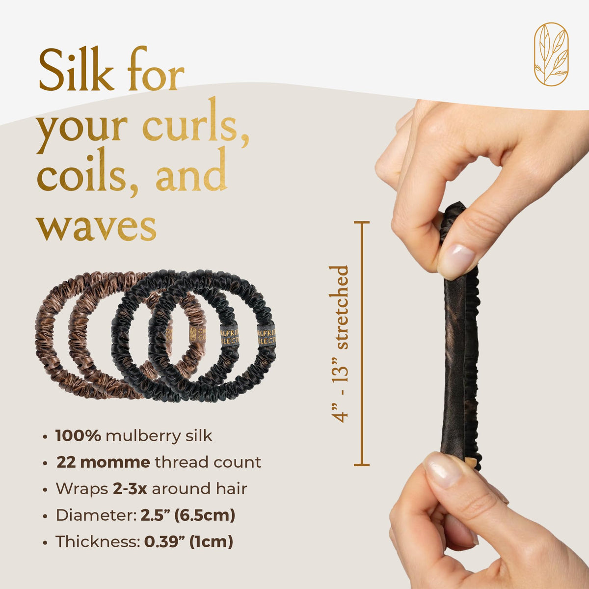 Curlfriend Collective scrunchie stretched to show elastic strength and flexible fit